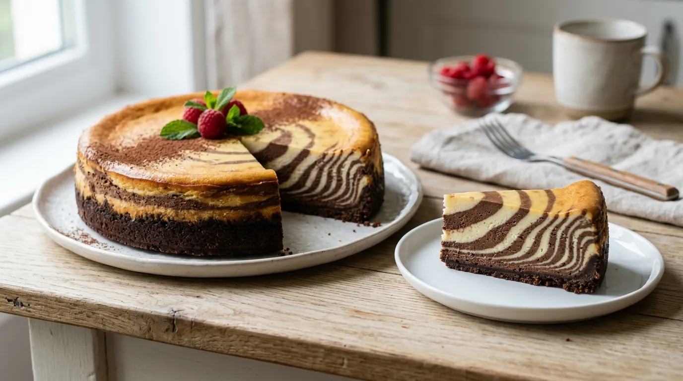 Zebra cheesecake recipe with chocolate and vanilla stripes and a chocolate biscuit crust.
