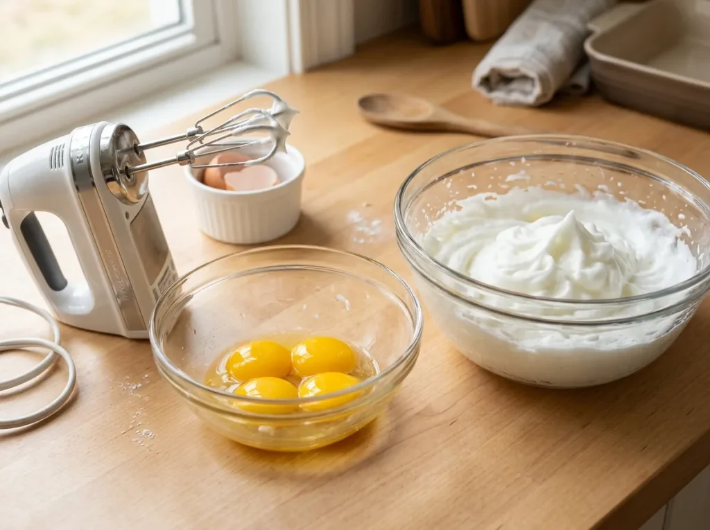 Egg yolks and whipped egg whites for Zebra Cheesecake filling.