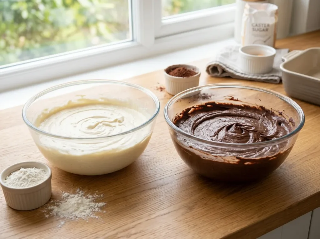 Vanilla and chocolate batters for a homemade Zebra Cheesecake.